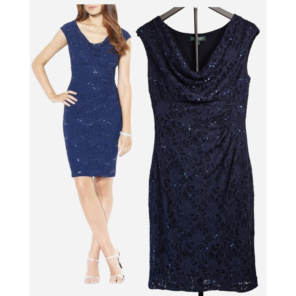 Lauren Ralph Lauren Size 8 Dress Navy Blue Sequin Cowl Neck Lace Sheath Cocktail